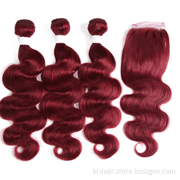BIS Hot Red Body Wave Bundles With Closure Brazilian Colored 99J 3 Bundles With 4*4 Lace Closure Remy Human Hair Weaves